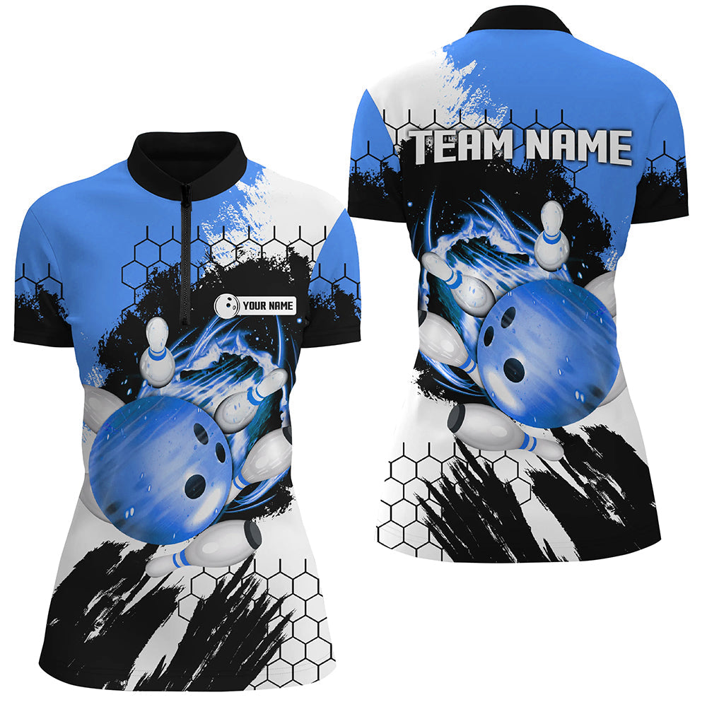 Blue Flame bowling ball and pins jerseys Custom Team League Bowling Quarter Zip Shirts For Women NQS7162