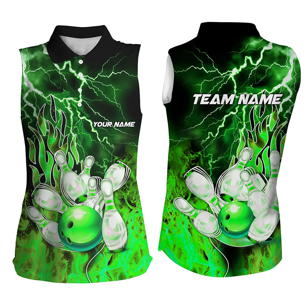 Women Bowling sleeveless Polos Custom green lightning thunder Bowling Team Jersey, gift for Bowlers NQS7065
