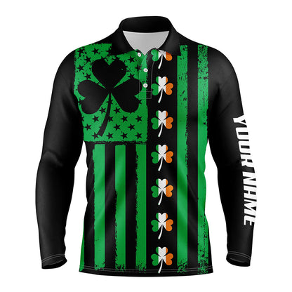 St Patrick day American flag green clover Mens golf polo shirt, custom best mens golf wear golf gifts NQS7072