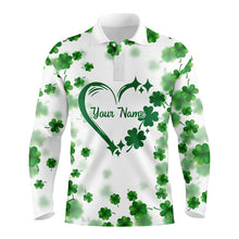 Load image into Gallery viewer, Mens golf polo shirts custom green clover heart St Patrick's Day pattern mens golf polos shirt NQS7197