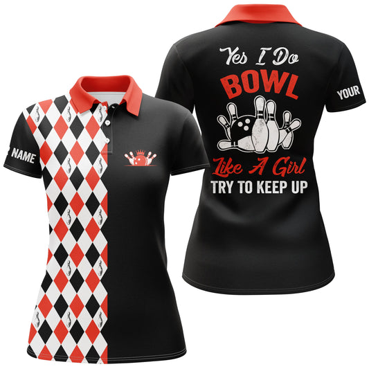Custom black red bowling shirt for women – personalized team jersey front view