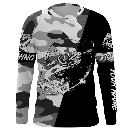 Ice fishing walleye winter camo custom name sun protection long sleeve fishing shirts, walleye jerseys NQS3838