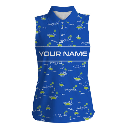 Womens sleeveless polo shirt custom Golf Course pattern tournament golf polo shirts for women | Blue NQS5082