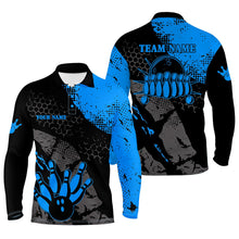 Load image into Gallery viewer, Black and blue Mens polo bowling shirts Custom retro bowling ball pins bowling team league jerseys NQS6314