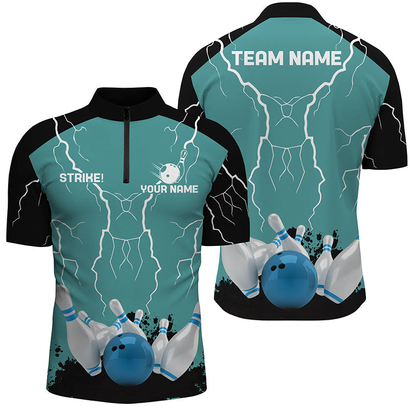 Men's bowling Quarter Zip shirts Custom bowling strike lightning storm team league jersey | Turquoise NQS6342