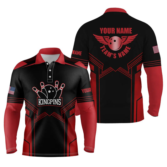 Red black personalized bowling shirt for men – custom name design side view
