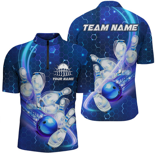 Men's bowling Quarter Zip shirts Custom blue light bowling ball pins hexagon pattern Team Jersey NQS6639