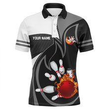 Load image into Gallery viewer, Black and White Bowling polo Shirt for men Custom red flame team bowling ball and pins Jerseys NQS7172