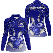 Load image into Gallery viewer, Women Bowling Polo Shirts Custom Bowling ball and pins Team league Jerseys, gifts for bowlers | Blue NQS7073