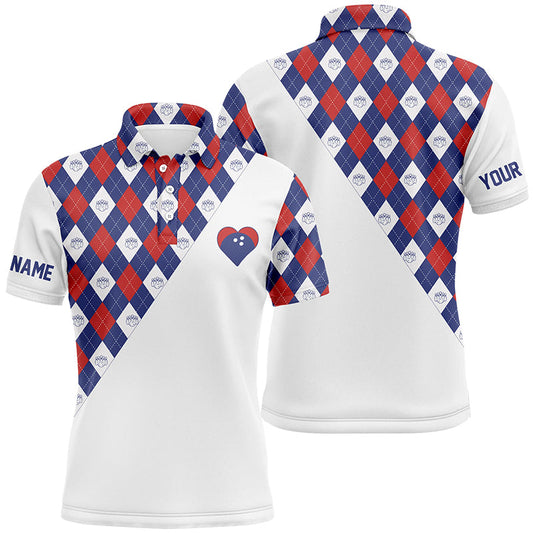 Personalized red white and blue argyle pattern bowling polo shirt for men, custom bowling heart jersey NQS6710