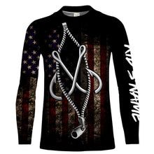 Load image into Gallery viewer, US Fishing 3D Fish Hook zipper American Flag patriotic UV protection customize name long sleeves shirts UPF 30+ fishing apparel NQS2157