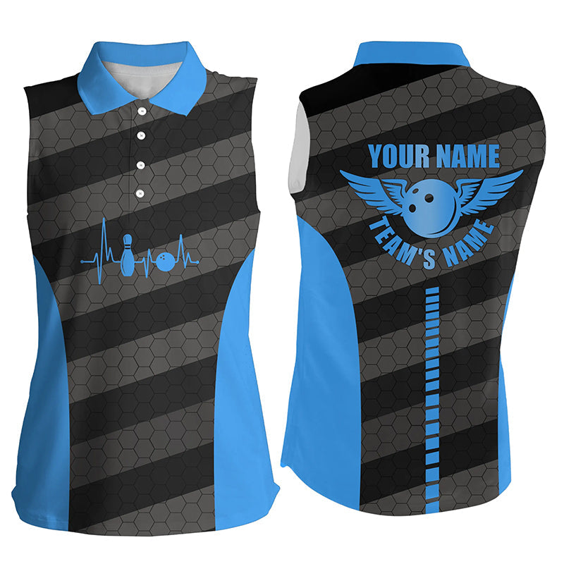 Women bowling sleeveless polo shirts custom bowling team shirts for bowlers, bowling jerseys | Blue NQS7220