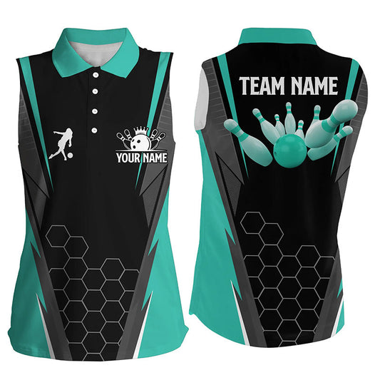 Black women's sleeveless polo Shirt Custom ladies Bowlers Jersey, team bowling outfits | Turquoise NQS6505