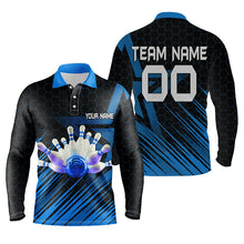 Load image into Gallery viewer, Blue personalized bowling shirt for men – custom name design side view