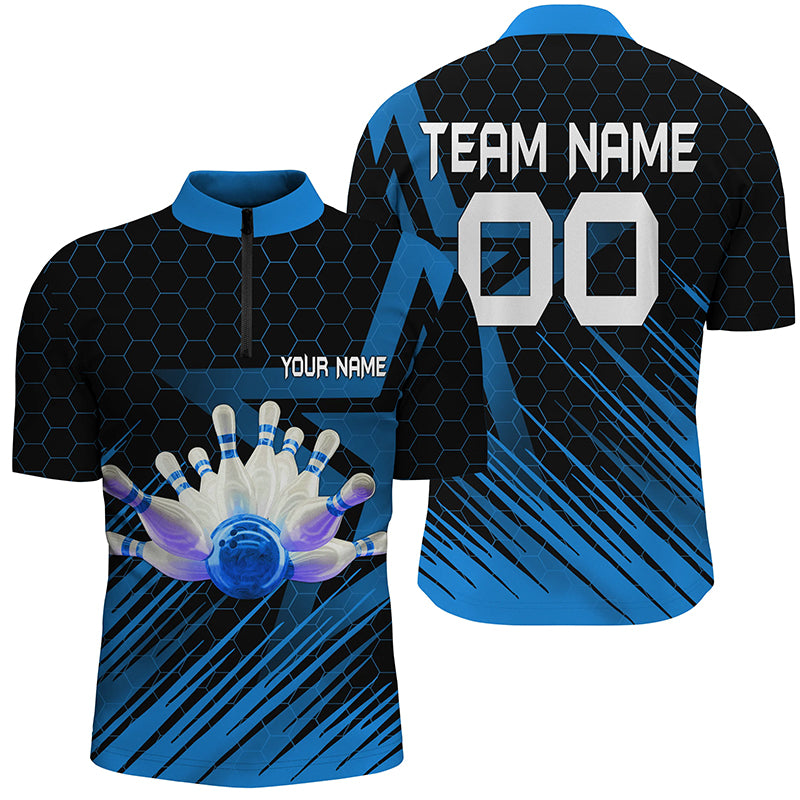 Custom Blue bowling shirt for men – personalized team jersey front view