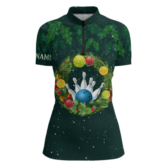 Green Christmas Wreath Women Bowling Quarter-Zip Shirt custom green pattern Christmas bowling top NQS6856