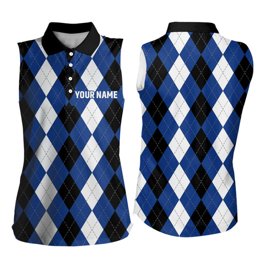 Women sleeveless polo shirt custom blue argyle plaid pattern golf attire for women NQS6899