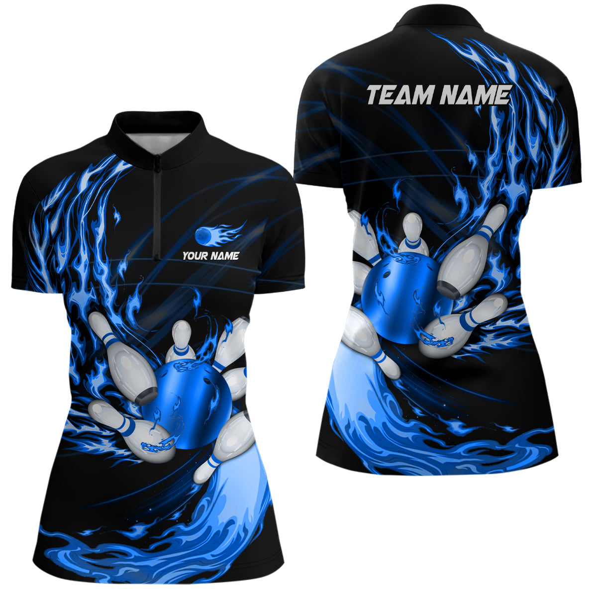 Womens bowling Quarter Zip shirts Custom blue flame Bowling ball and pins Team league bowler Jersey NQS6977