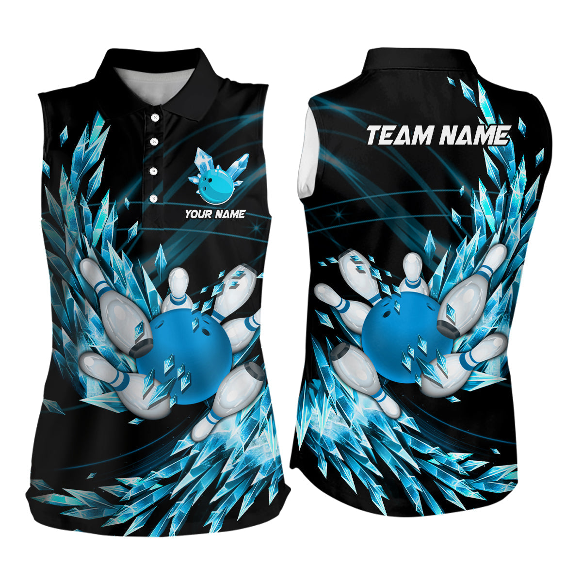Women bowling sleeveless polos Custom blue icy fragments Bowling ball pins Team league bowler Jersey NQS7124