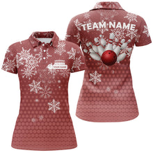 Load image into Gallery viewer, Womens Bowling Polo Shirts Custom Christmas snowflake Bowling ball pins team Ladies Jersey | Red NQS6616