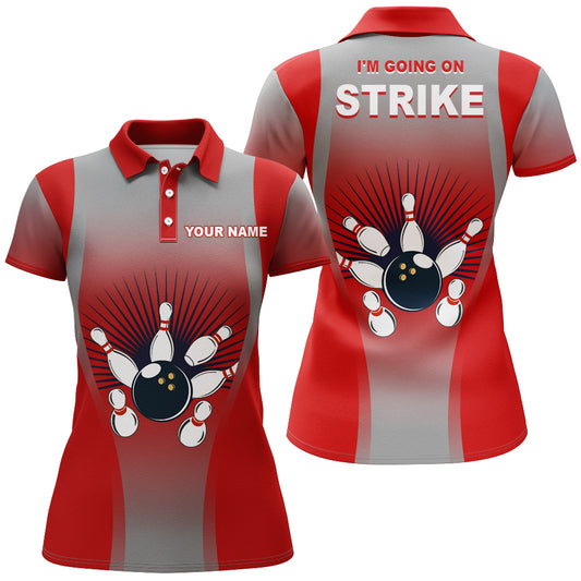 I'm Going on Strike Bowling Shirt for Women, Personalized Red Ladies Bowlers Polo Bowling Jersey NBP160