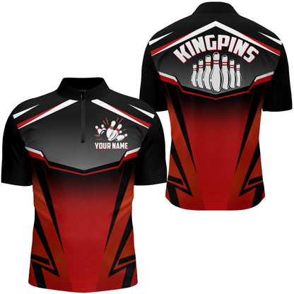 Custom Bowling Shirt for Men, Kingpins Red Quarter-Zip Bowling Shirt with Name, Men Bowlers Jersey NBZ180