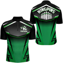 Load image into Gallery viewer, Custom Bowling Shirt for Men Kingpins Green Quarter-Zip Bowling Shirt with Name, Men Bowlers Jersey NBZ182