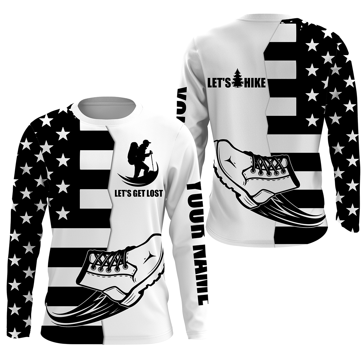 Let’s Hike American Black Flag Personalized Shirts UPF 30+ Patriotic Hiking Long Sleeve Hiker Shirt for Men SP9
