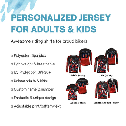 Personalized red UPF30+ Motocross riding jersey extreme MX racing dirt bike off-road motorcycle  PDT40