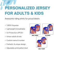 Load image into Gallery viewer, Blue and orange MX racing jersey custom youth men women biker UPF30+ off-road extreme motorcycle PDT119