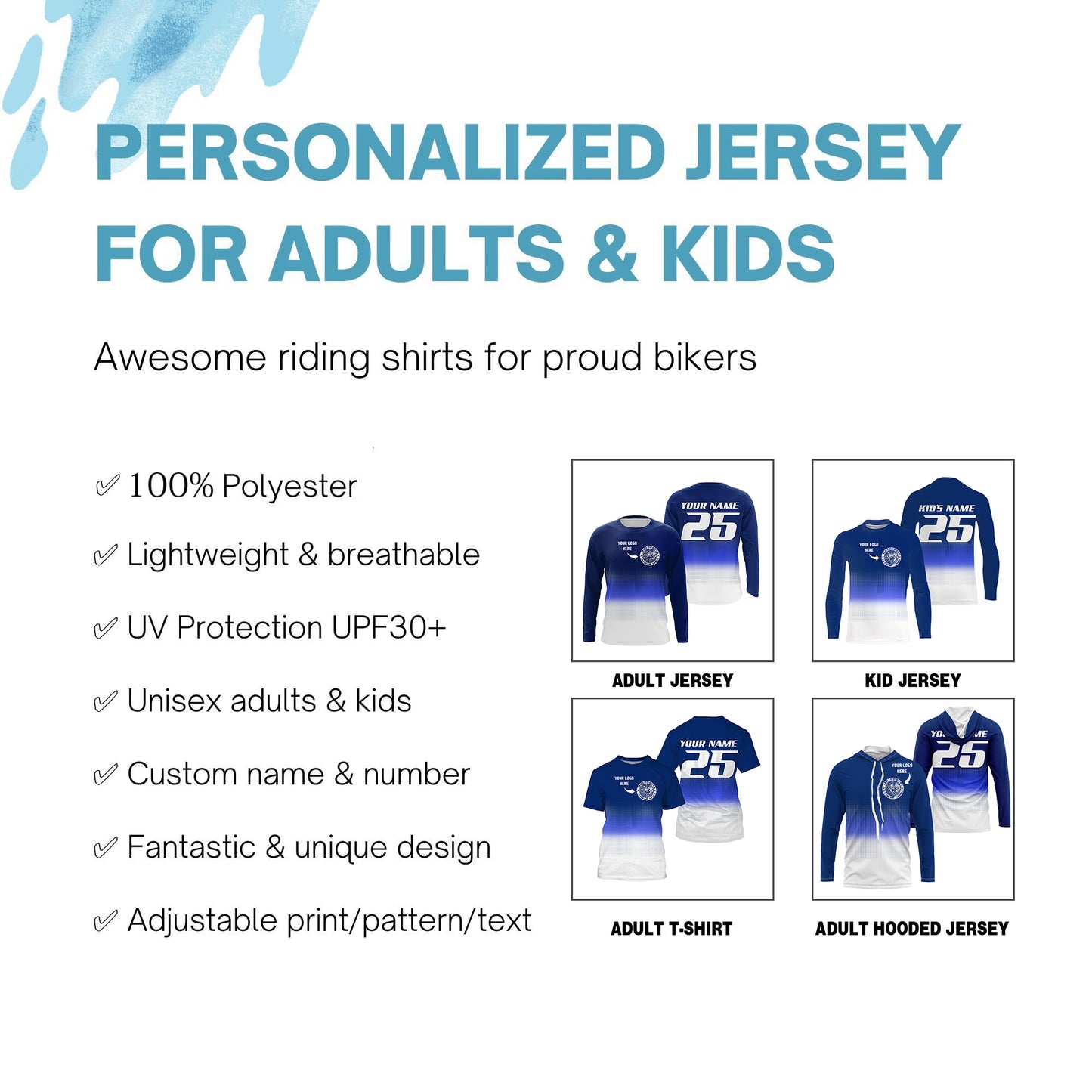 Custom logo motorcycle racing jersey UPF30+ adult kid blue motocross off-Road dirtbike riders NMS1019